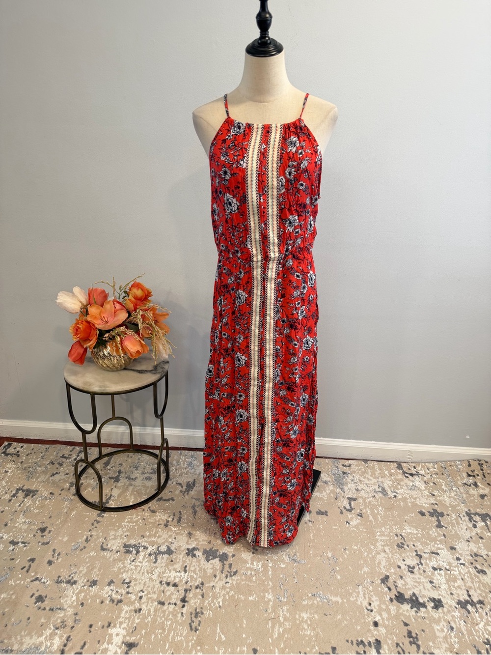 Charming Charlie Coral - Red Floral Sleeveless Maxi Dress with Center Stripe